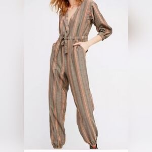 Free People Brown and Pink Striped Jumpsuit